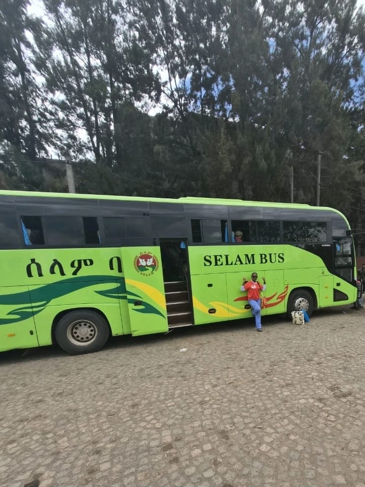 Selam Bus at a stopover on the road to Addis Ababa